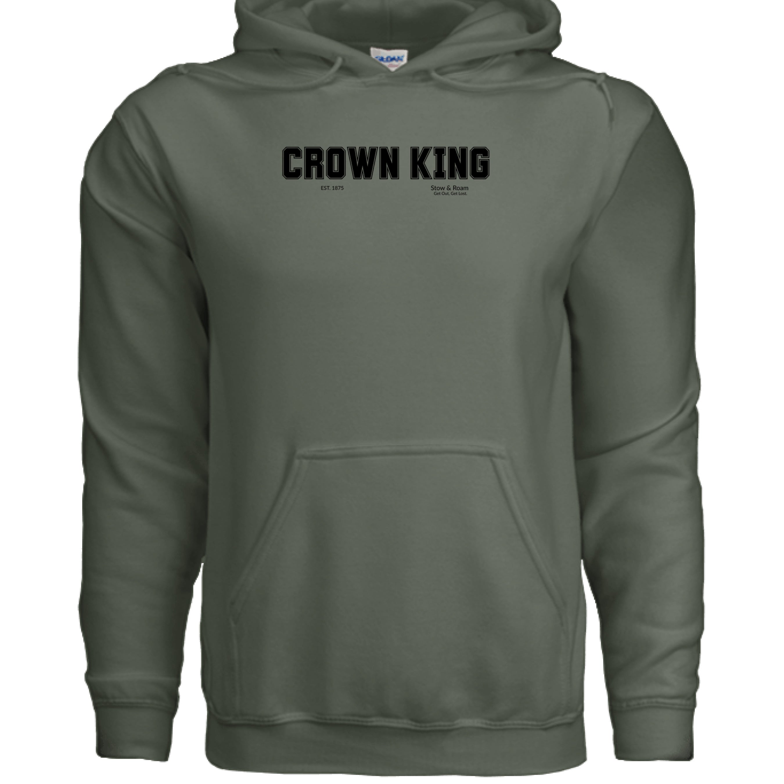 Stow and Roam green crown King hoodie front