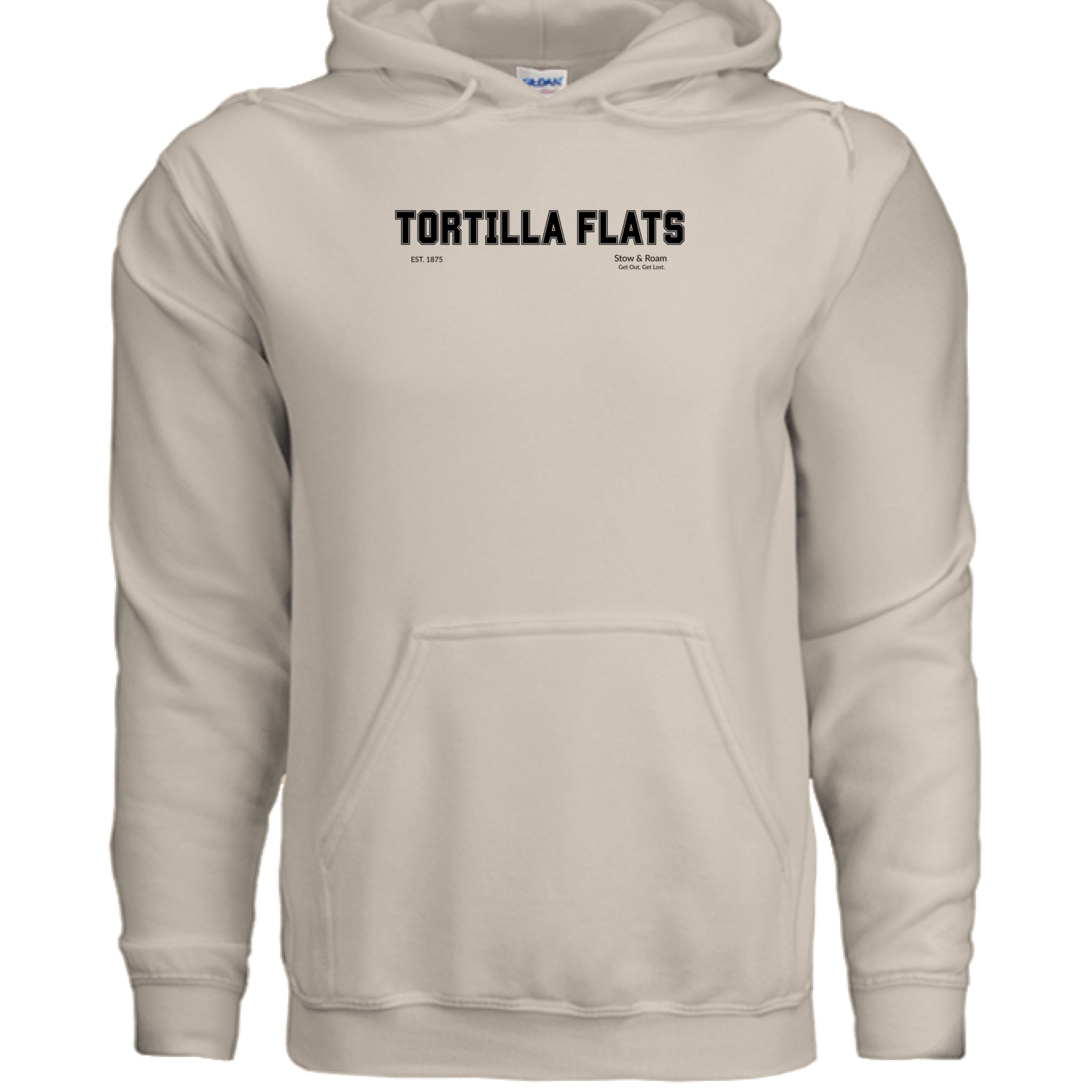 Stow and Roam Beige hoodie with 'Tortilla Flats' text on a white background