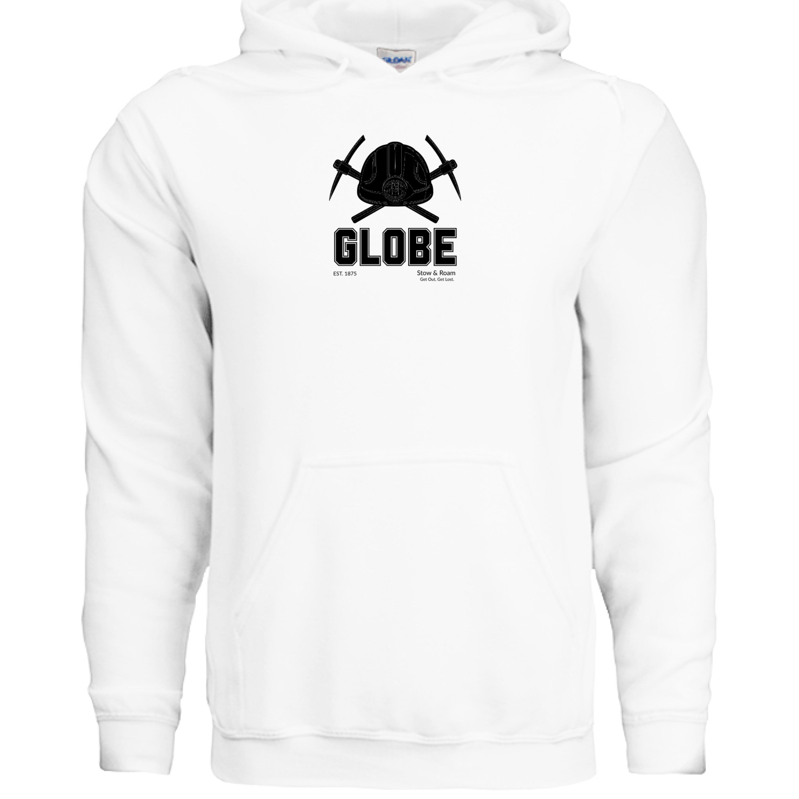 Stow and Roam white globe graphic hoodie