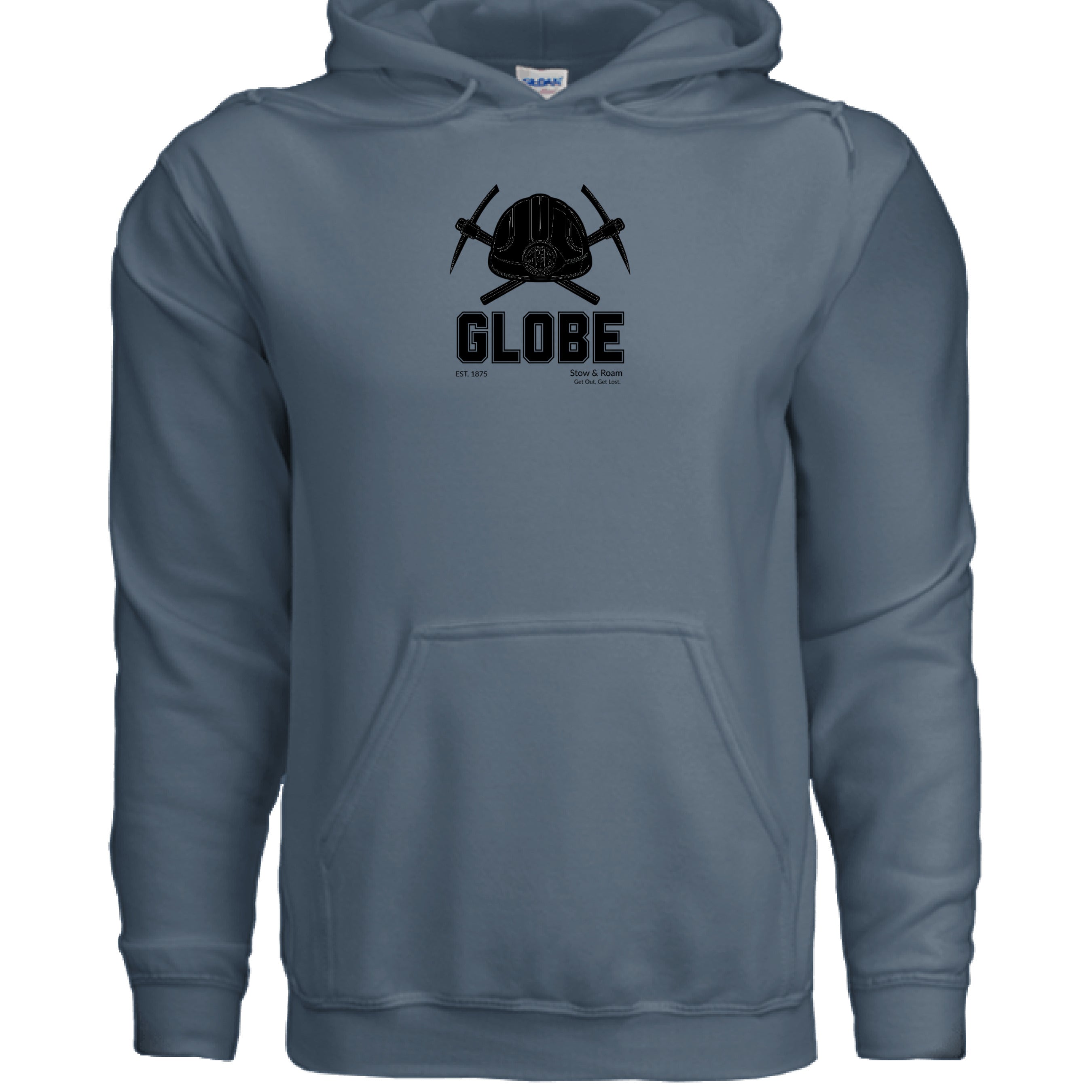 Stow and Roam Blue hoodie with a black logo and globe text on a white background