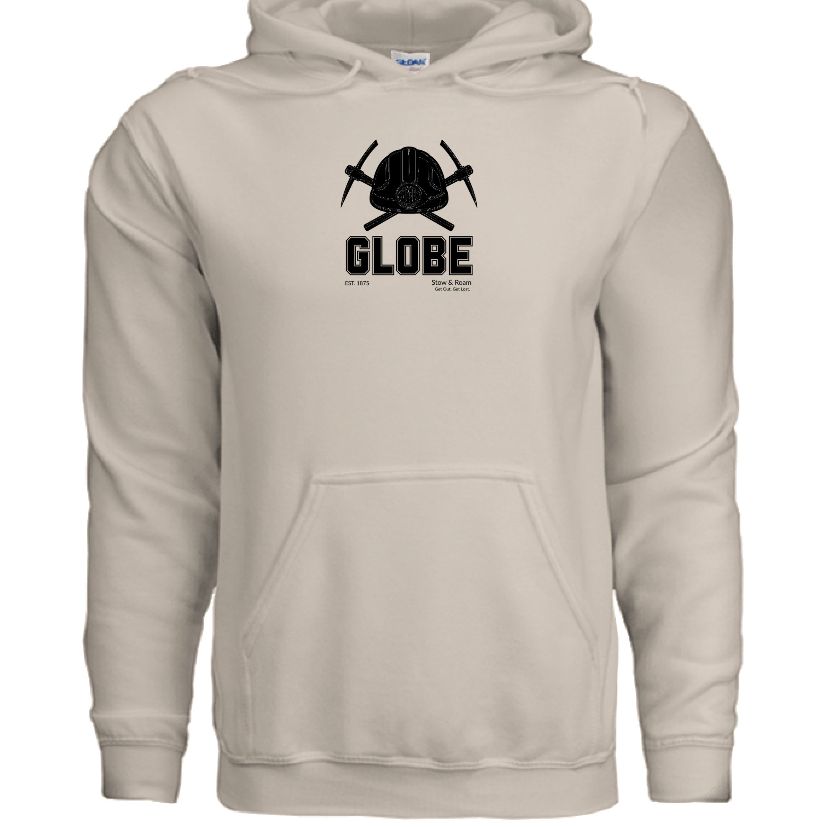 Stow and Roam Beige hoodie with black logo and text on a white background