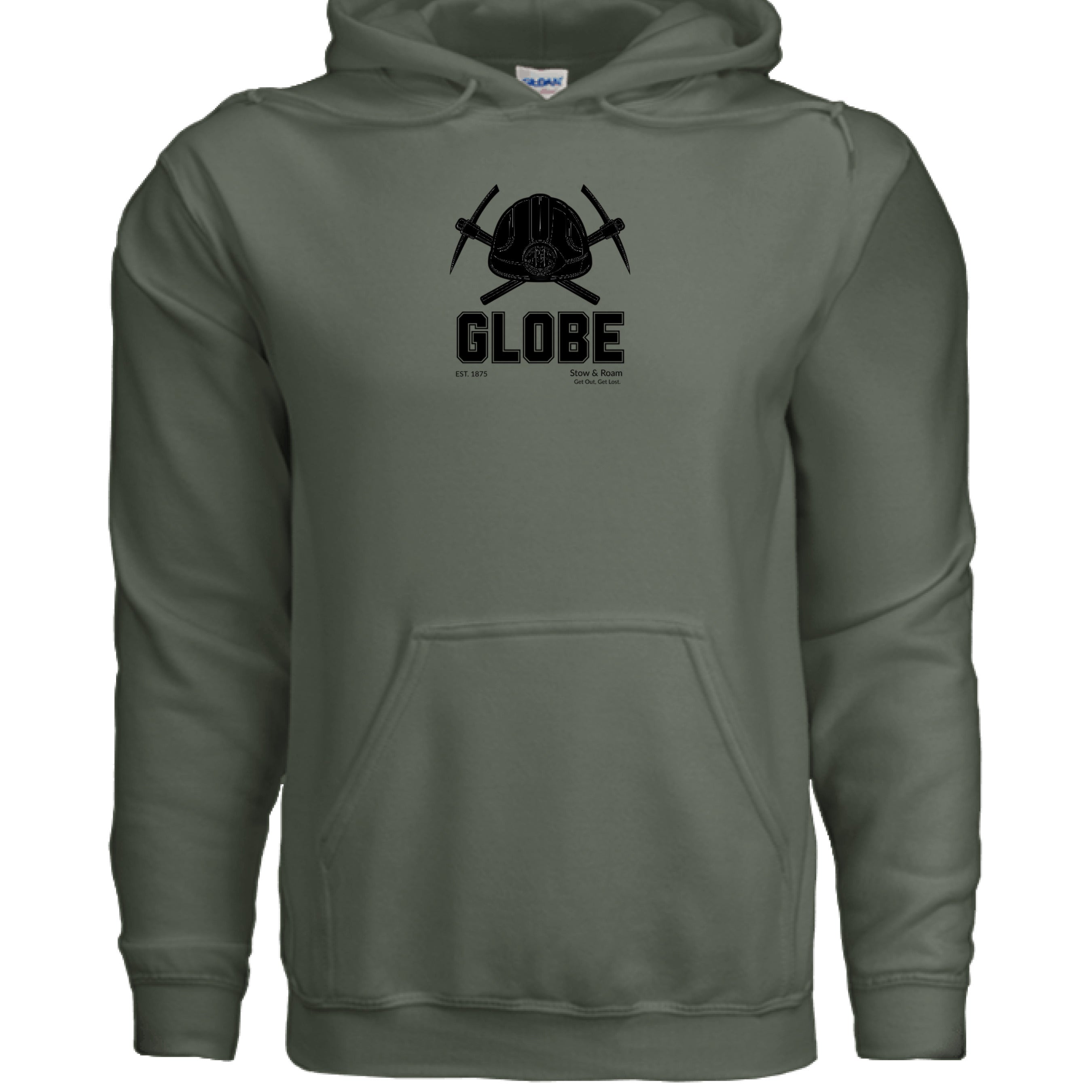 Stow and Roam green Globe graphic hoodie front