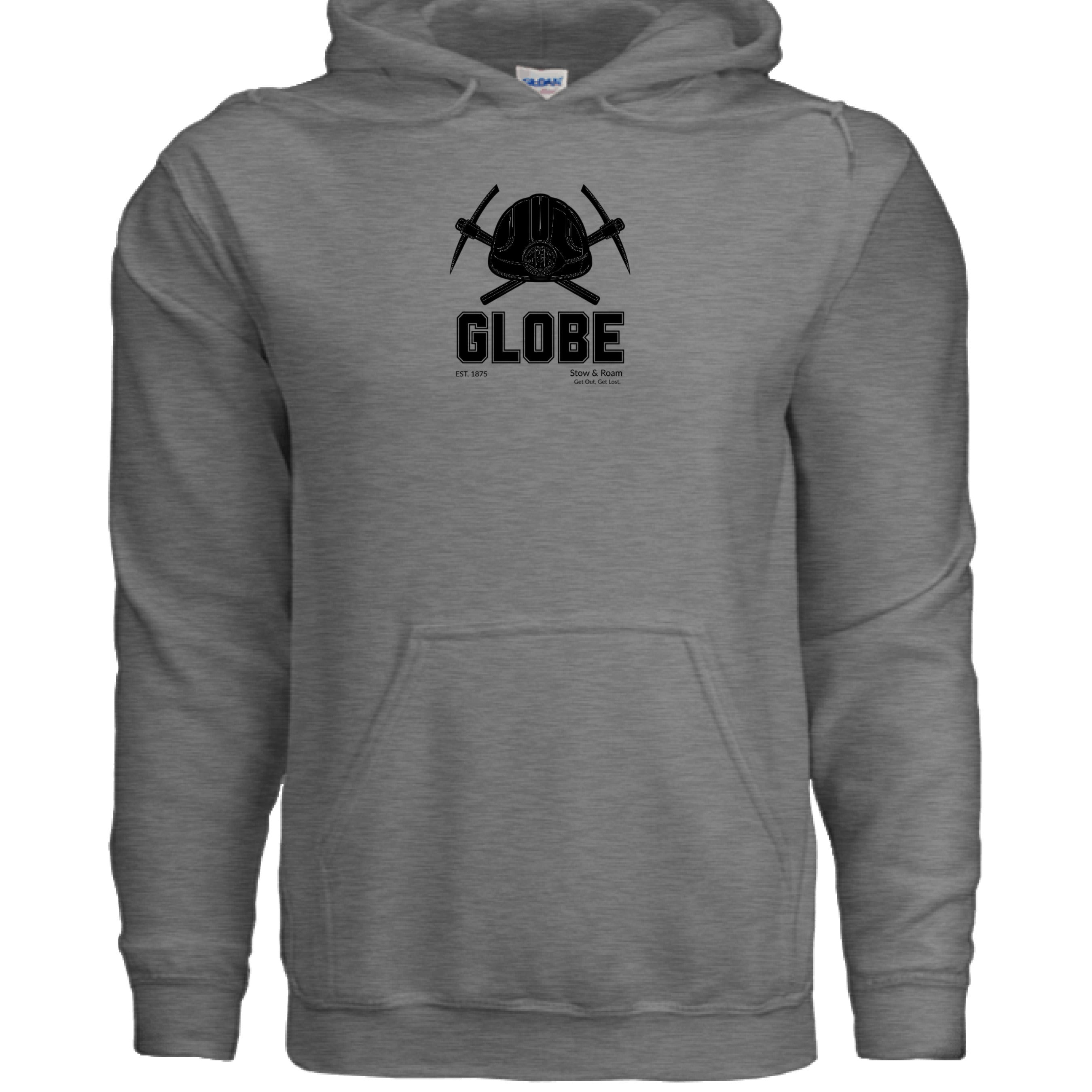 Stow and Roam Gray hoodie with black logo and Globe text on a white background