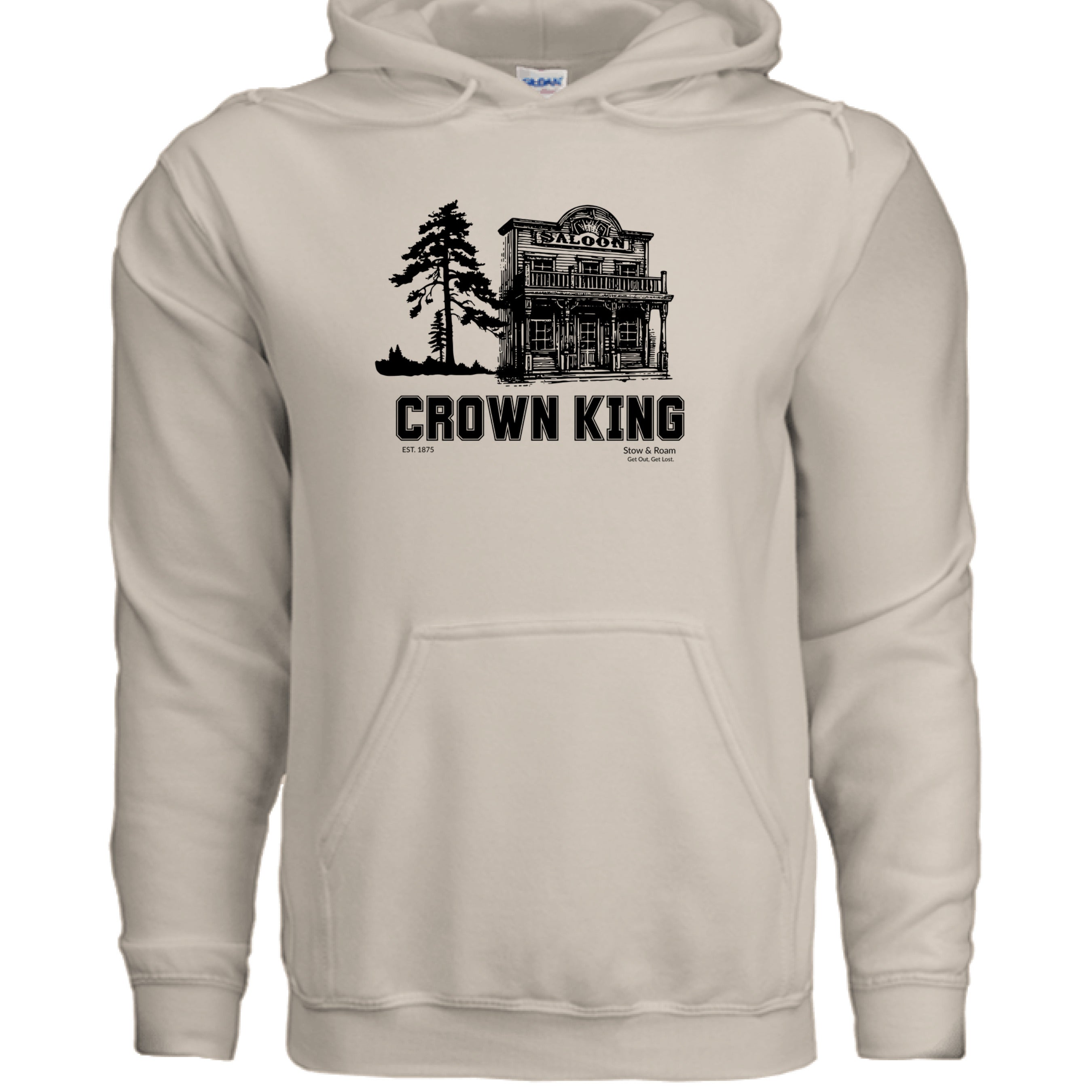Stow and Roam Beige hoodie with black graphic design and Crown King text on a white background