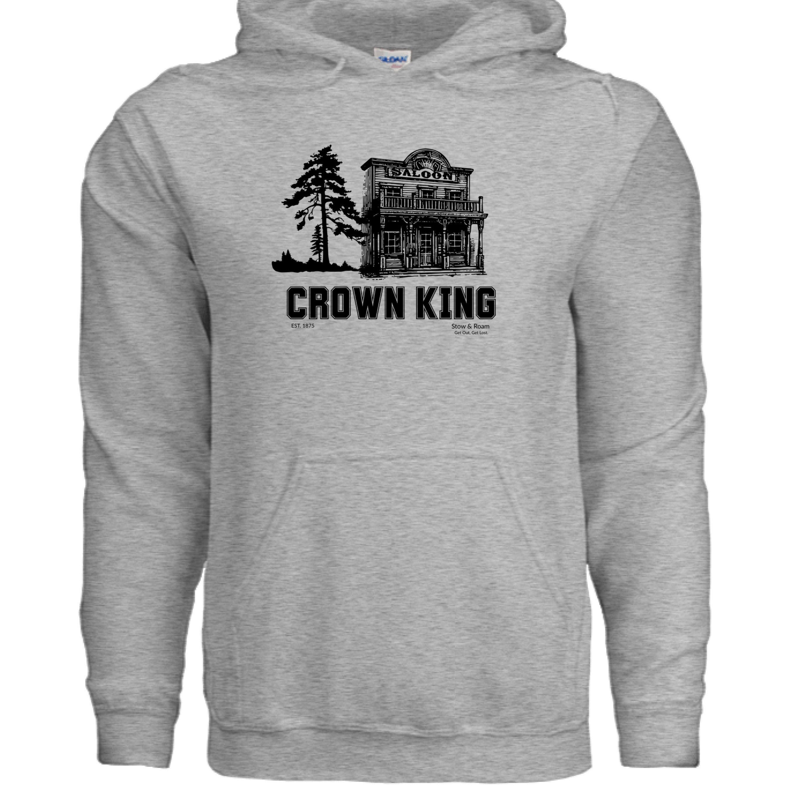 Stow and Roam Gray hoodie with black graphic design and 'Crown King' text on a white background