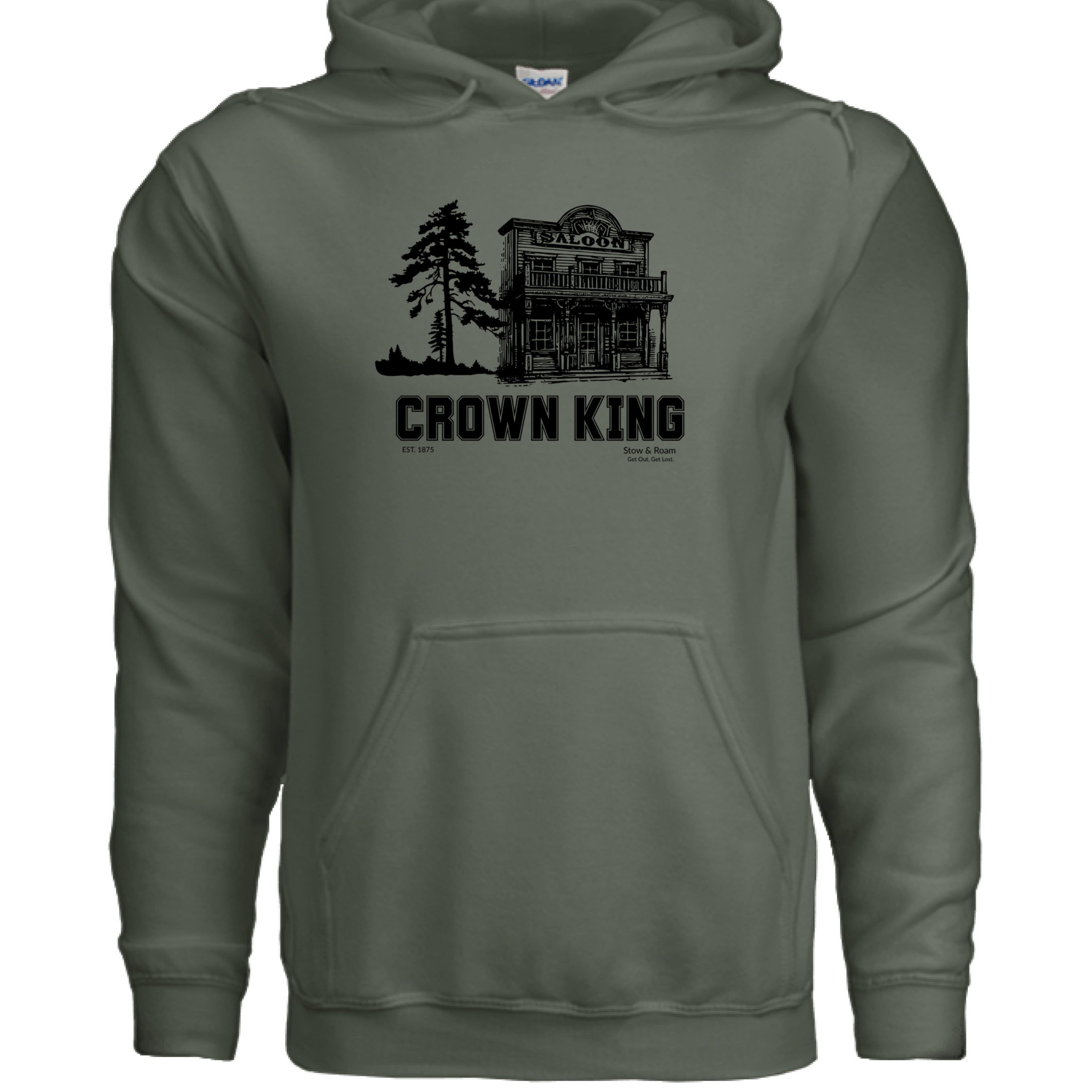 Stow and RoamGreen hoodie with 'Crown King' graphic design on a white background