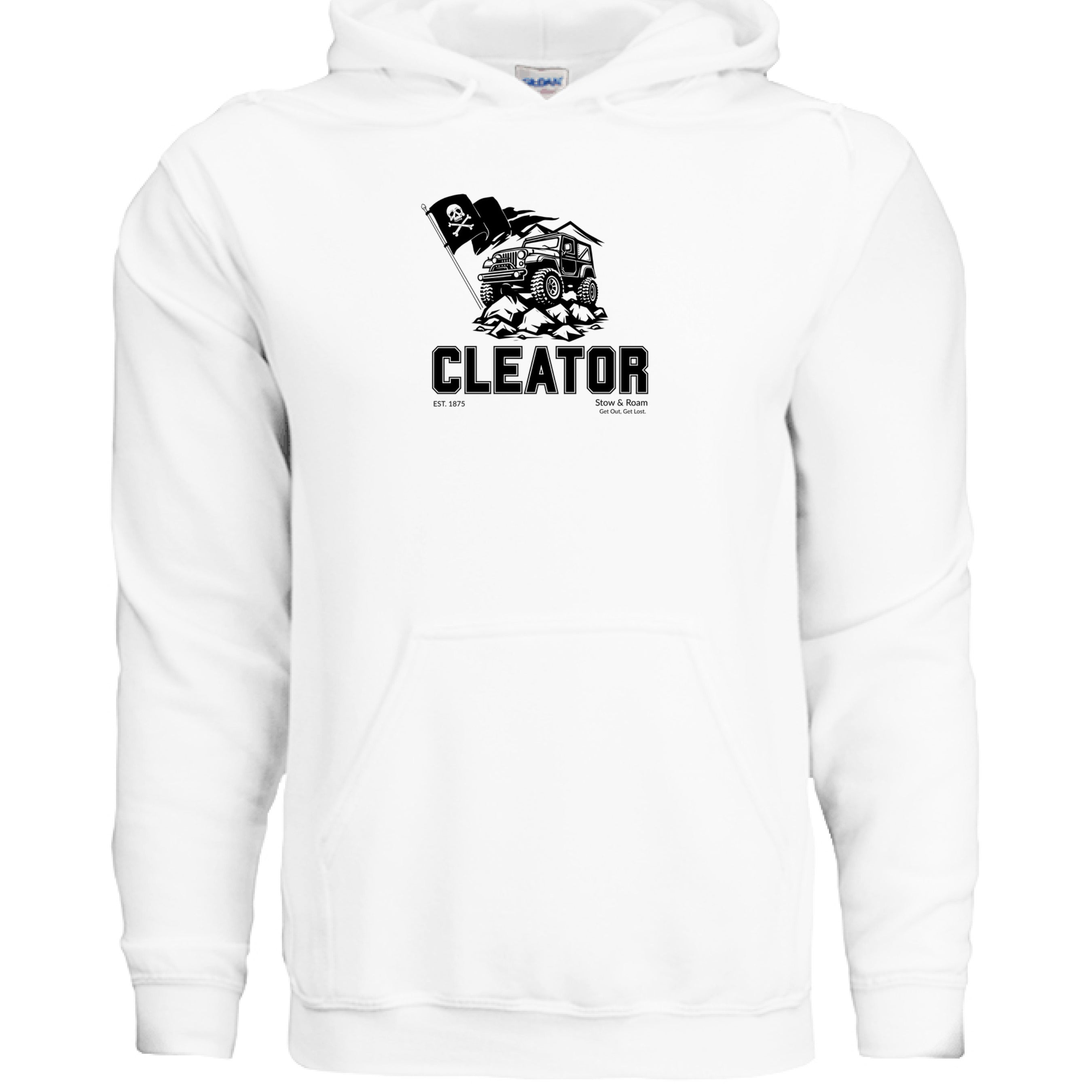 Stow and Roam White hoodie with black graphic and cleator text on a white background