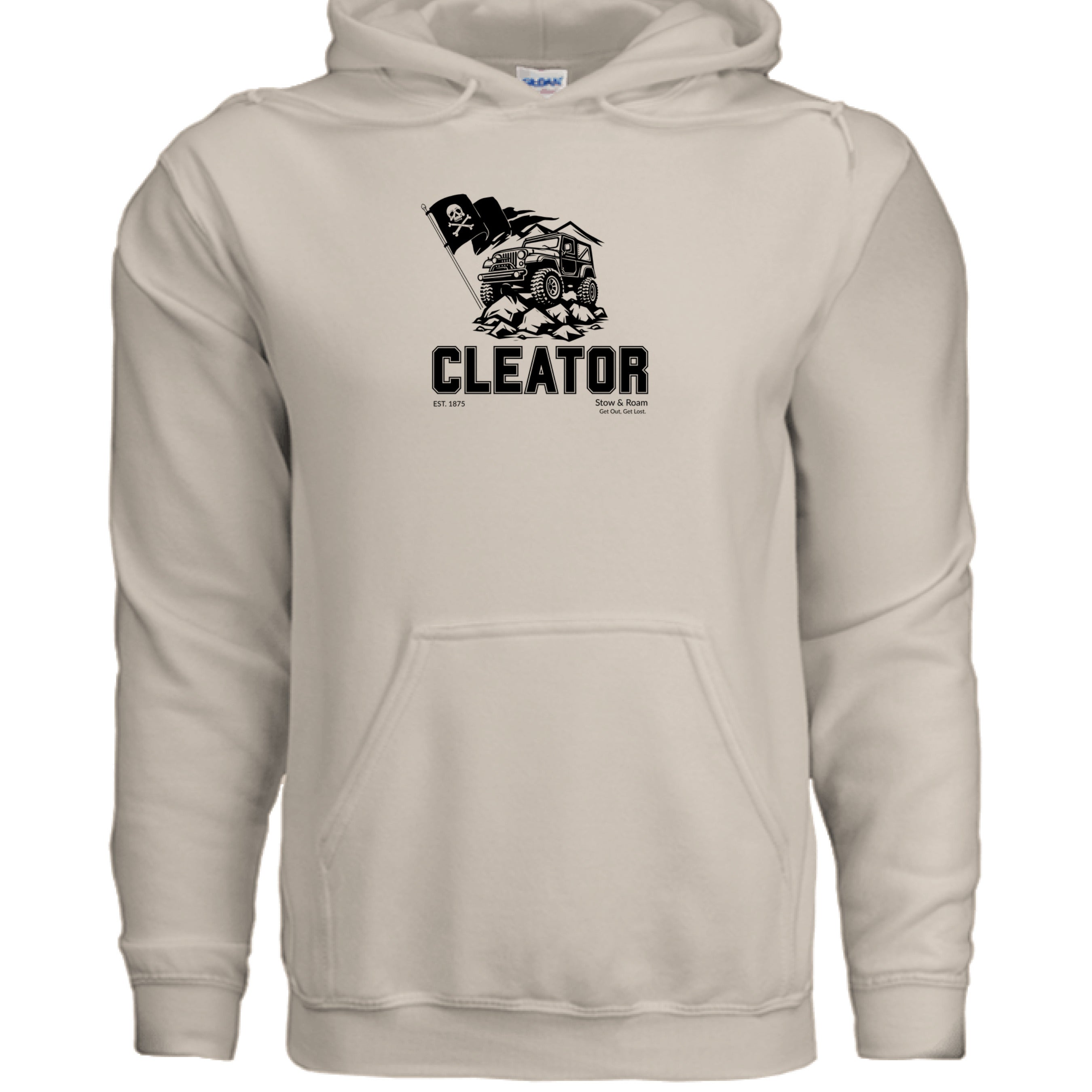 Stow and Roam Beige hoodie with black graphic and cleator text on a white background
