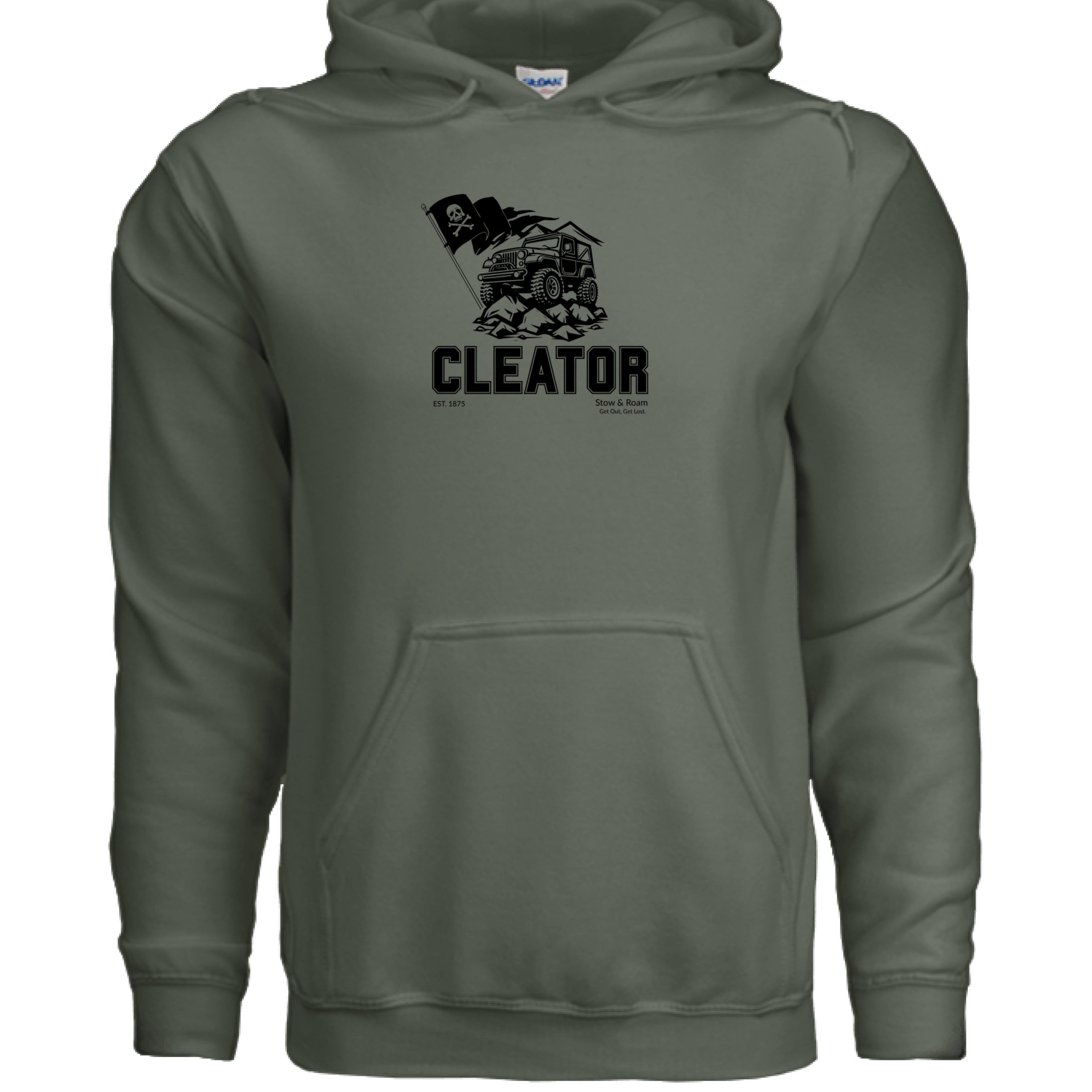 Stow and Roam Green hoodie with black graphic and cleator text on a white background