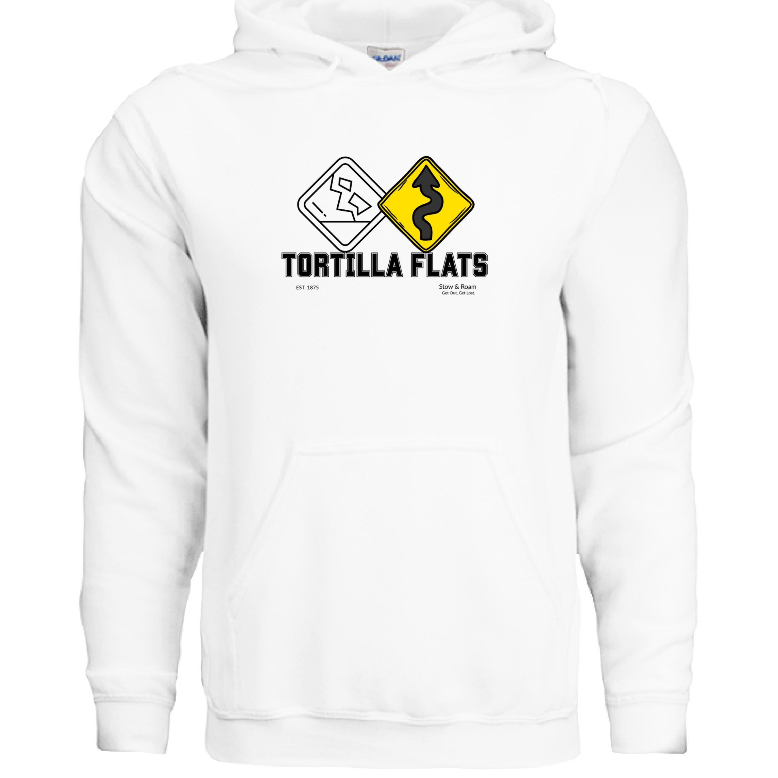 Stow and Roam White hoodie with a graphic design on the chest against a white background