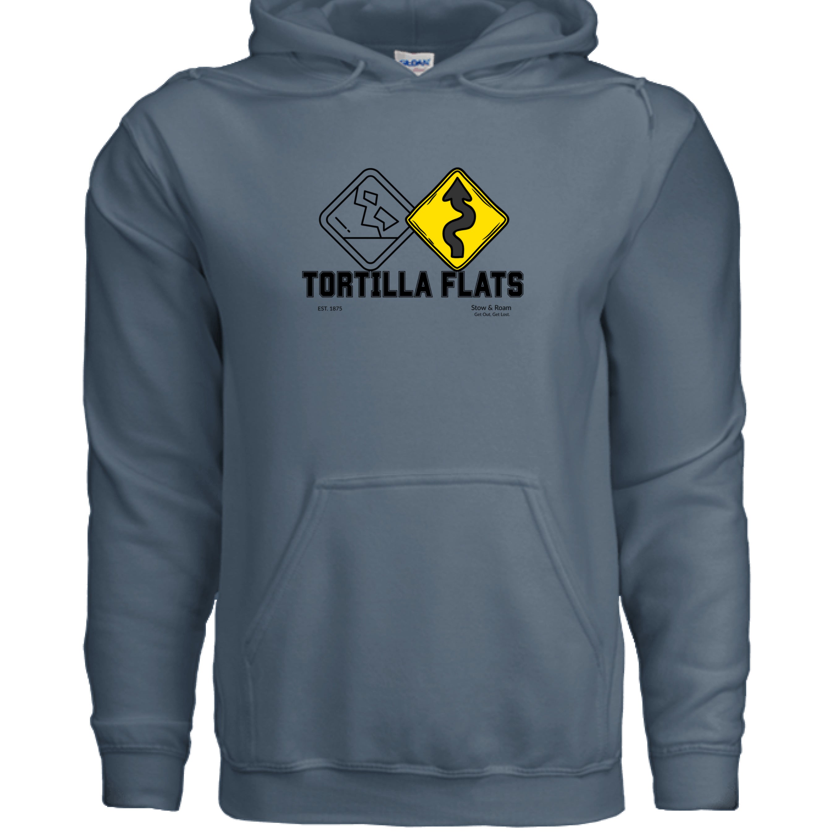 Stow and Roam Blue hoodie with Tortilla Flats logo on a white background