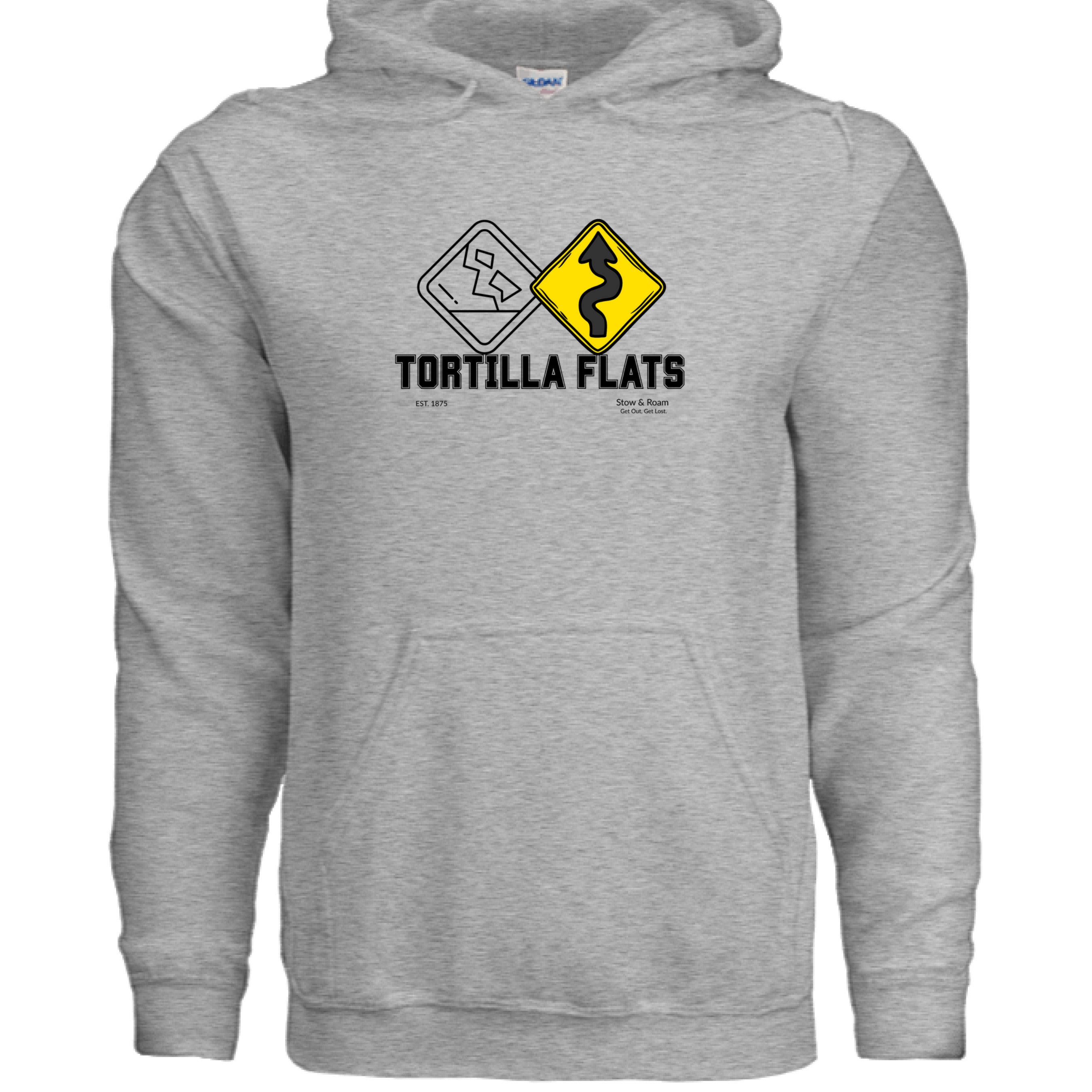 Stow and Roam grey hoodie with tortilla Flats graphic on chest