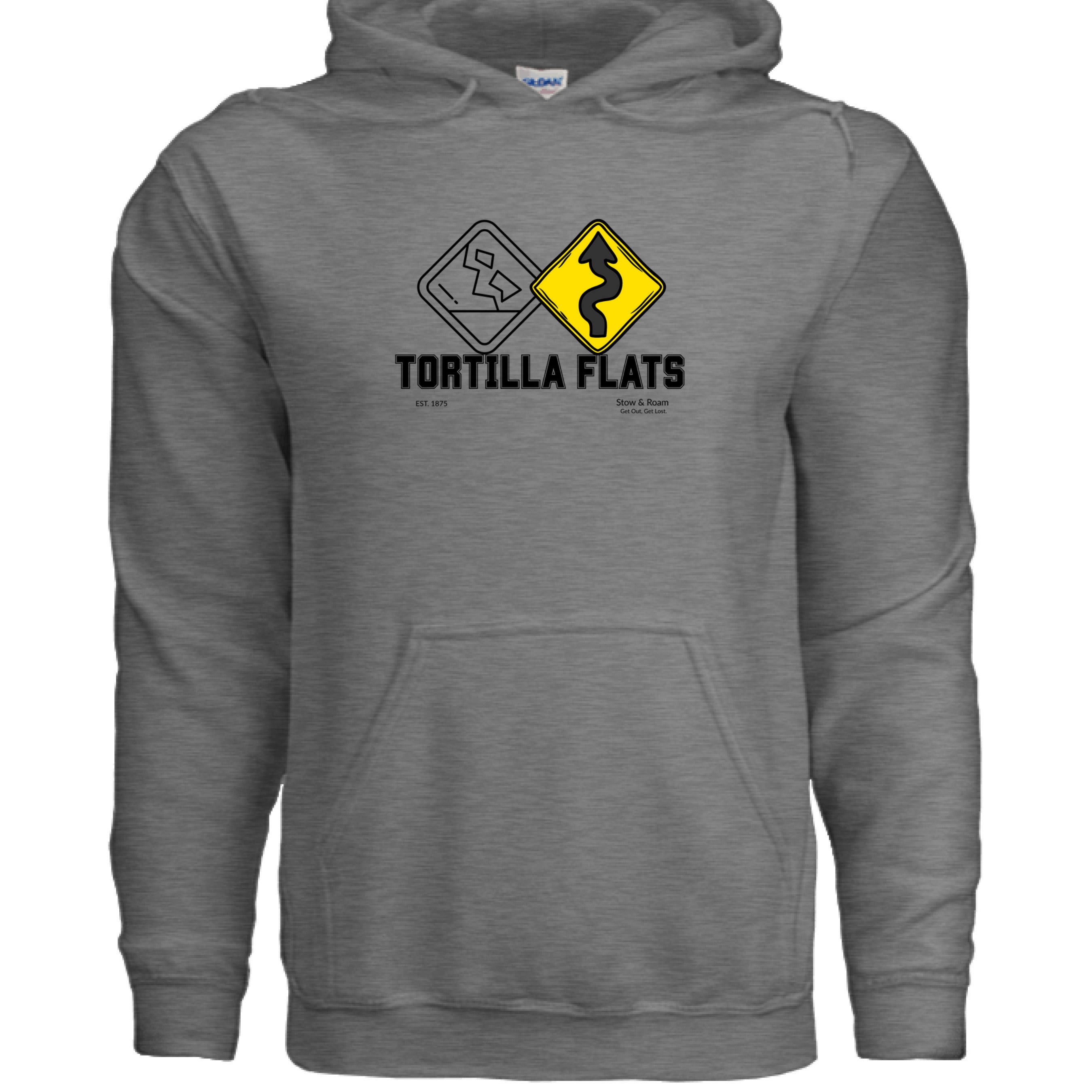 Stow and Roam Gray hoodie with a graphic tortilla Flats design on the chest against a white background