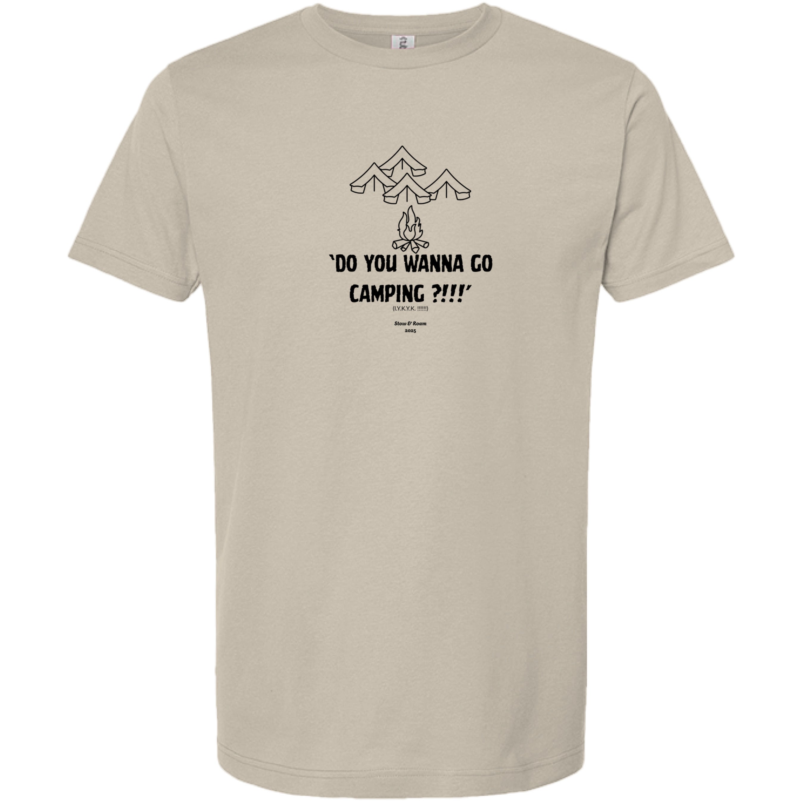 Stow and Roam Beige t-shirt with black graphic and camping text on a white background