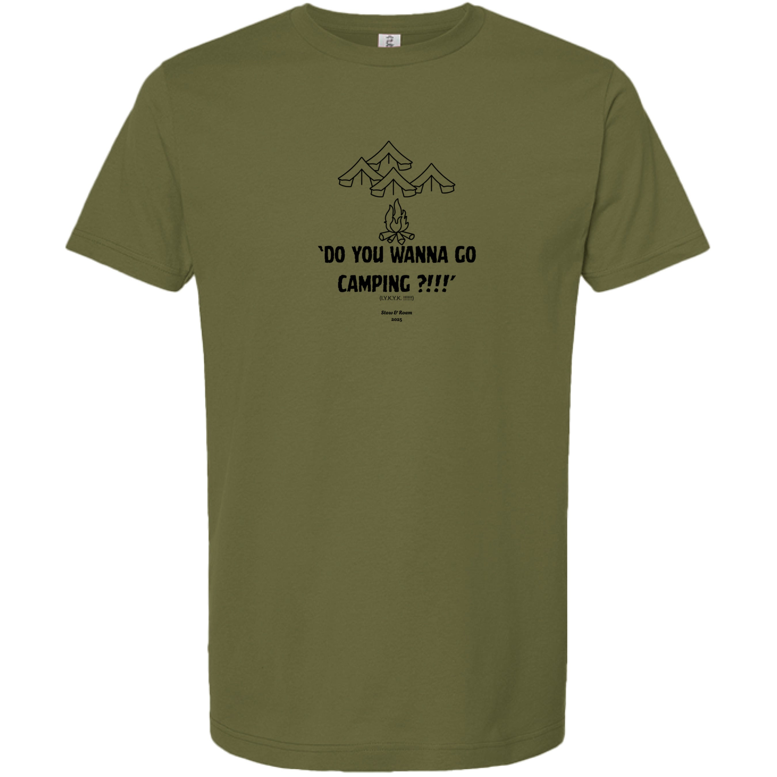 Stow and Roam Green t-shirt with a camping graphic and text on a white background