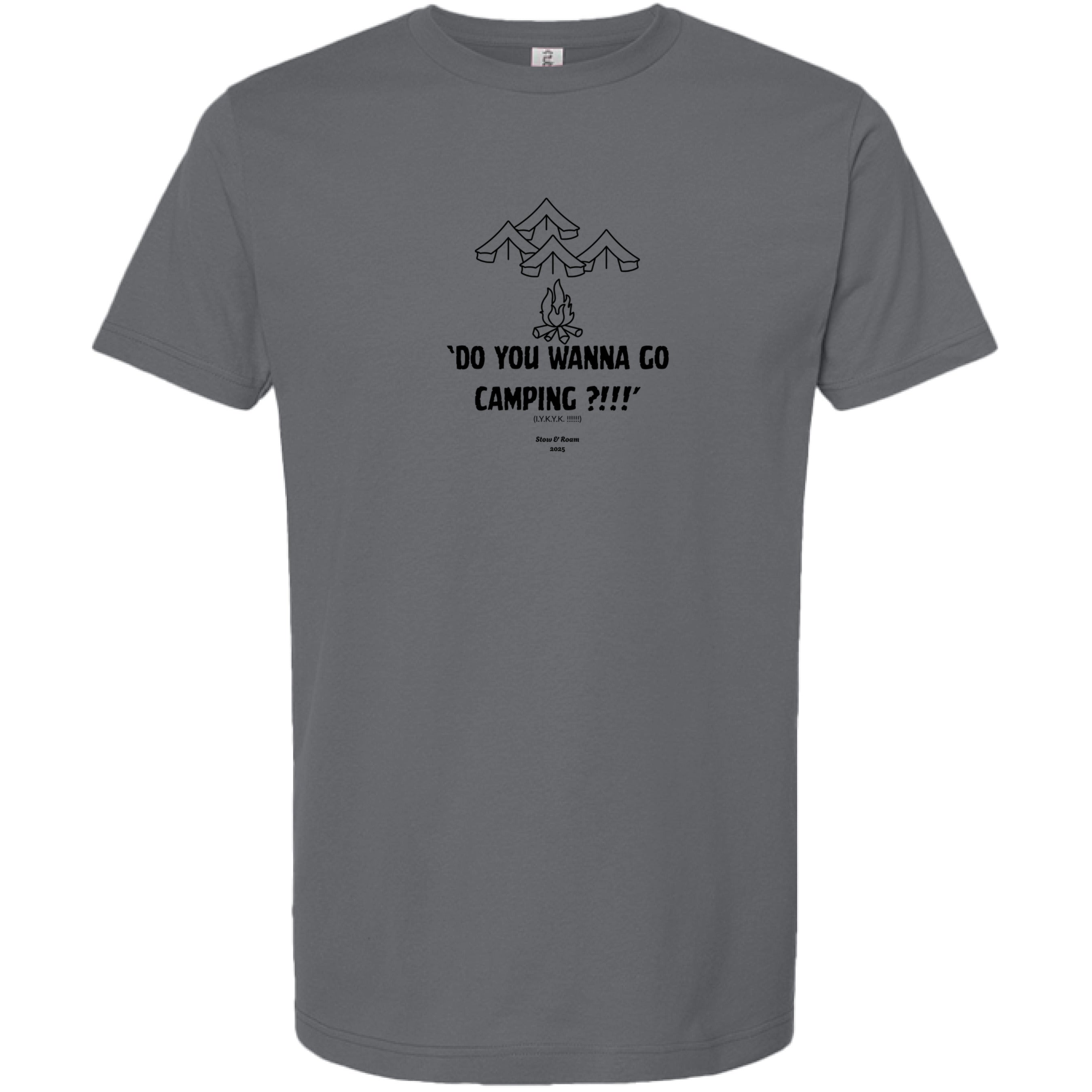 Stow and Roam Gray t-shirt with black graphic and camping text on a white background