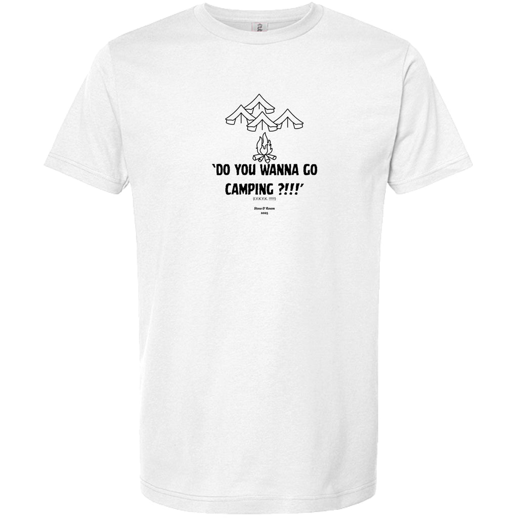 Stow and Roam White t-shirt with black graphic and camping text on a white background