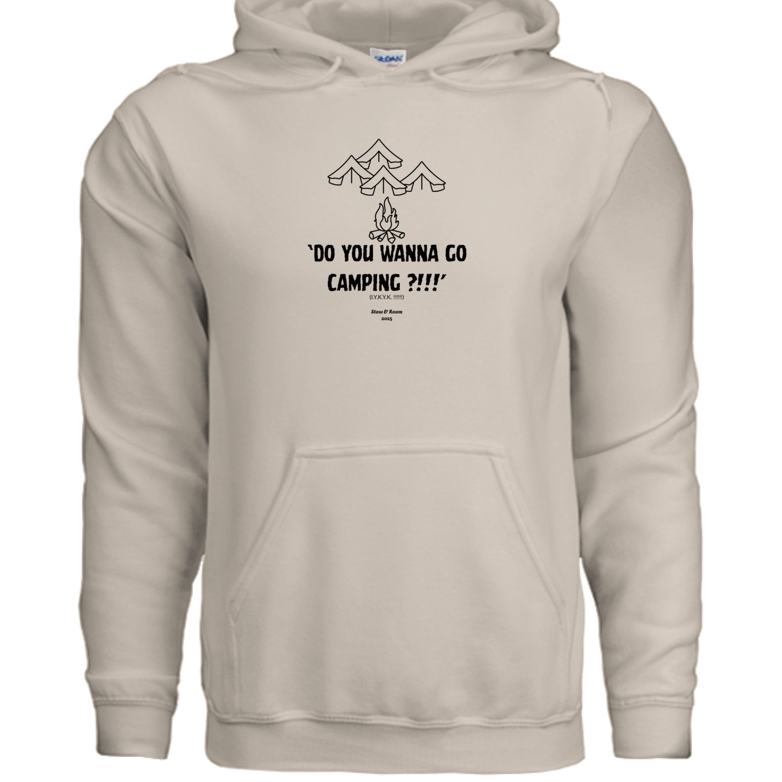 Stow and Roam Beige hoodie with camping-themed text and graphics on a white background