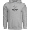 Stow and Roam Gray hoodie with black camping text and graphics on a white background