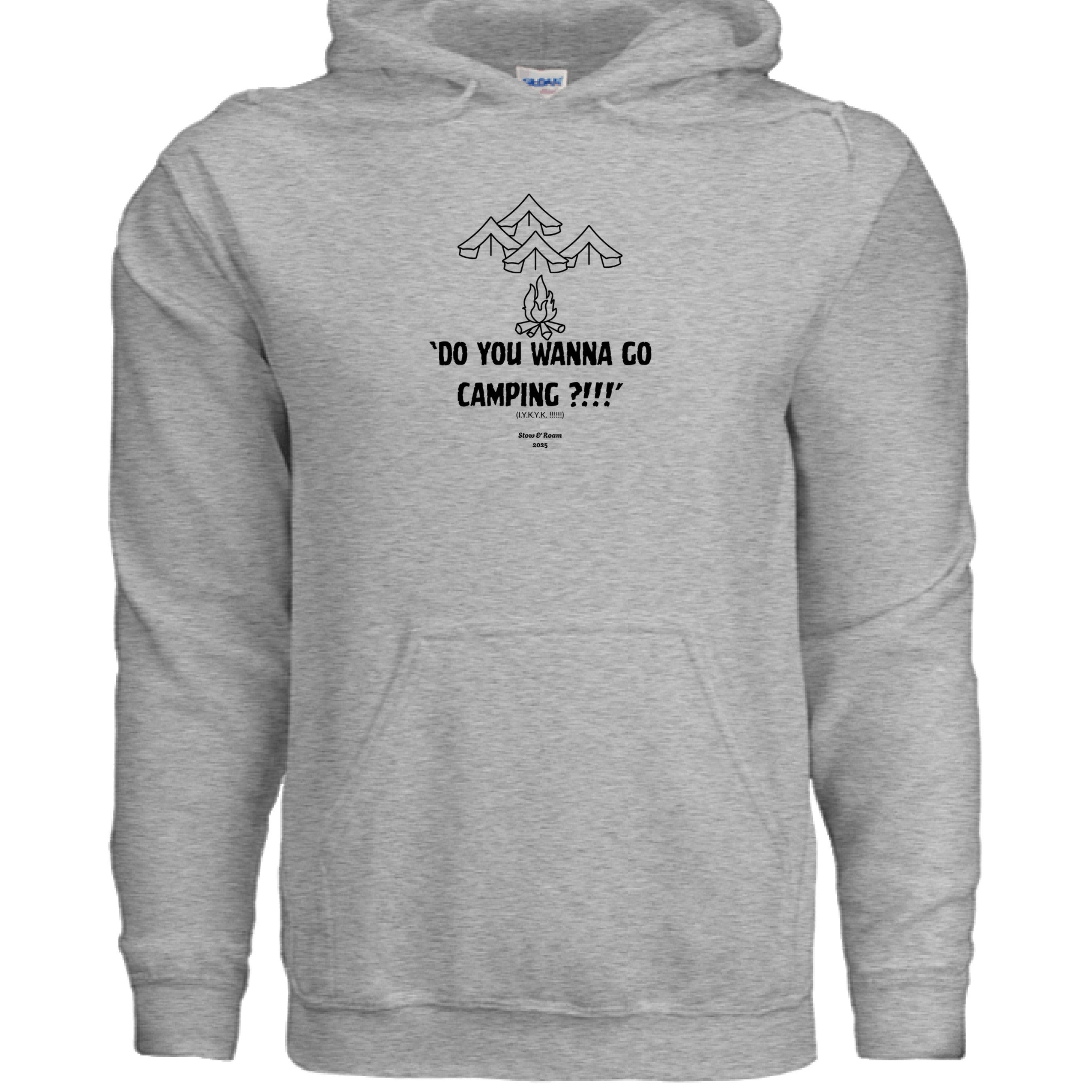 Stow and Roam Gray hoodie with black camping text and graphics on a white background